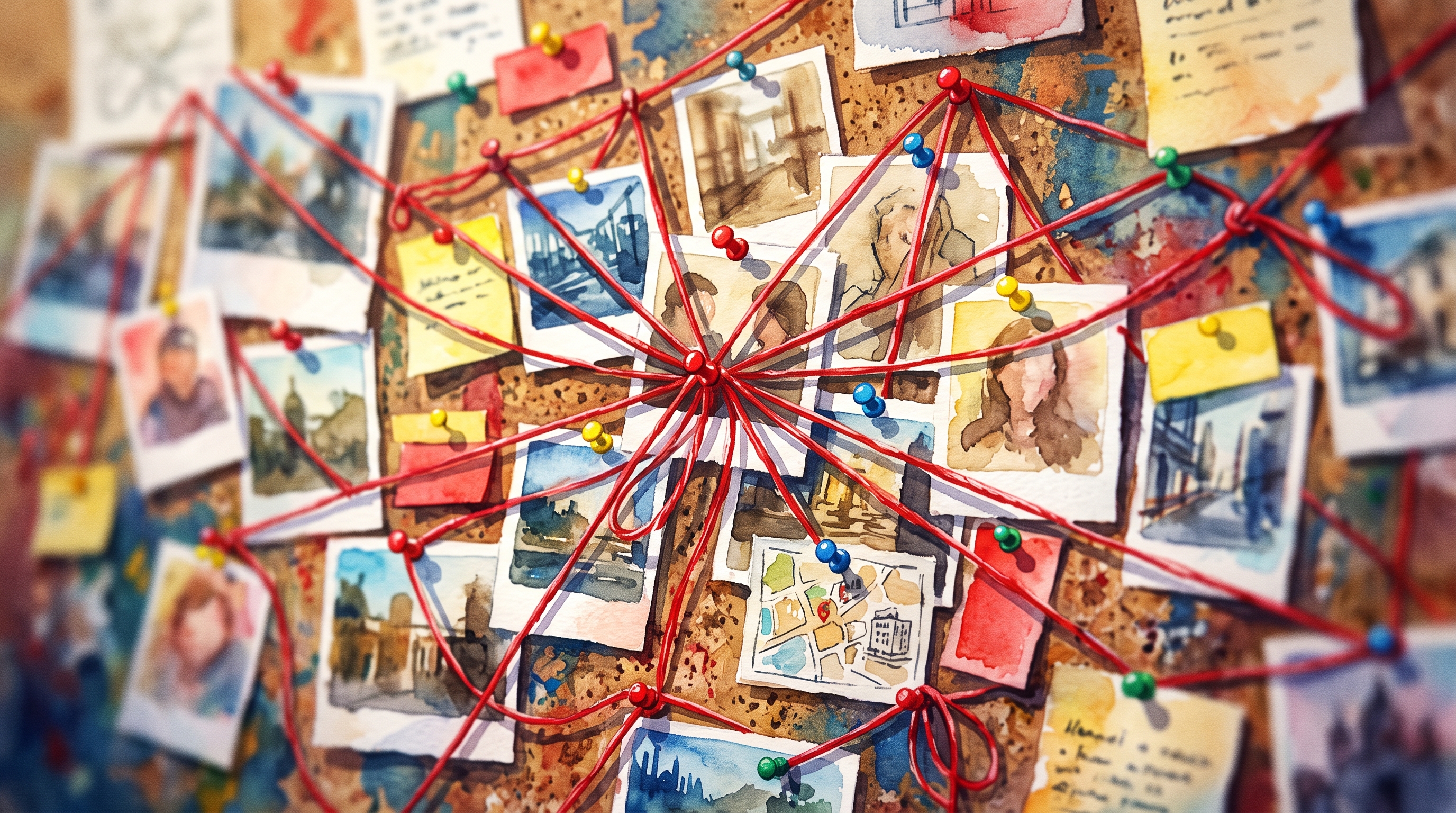 Watercolor illustration of detective evidence board with photos and red strings, no readable writing, close-up detail with shallow depth of field, vivid colors, high contrast, energetic, 16:9 aspect ratio