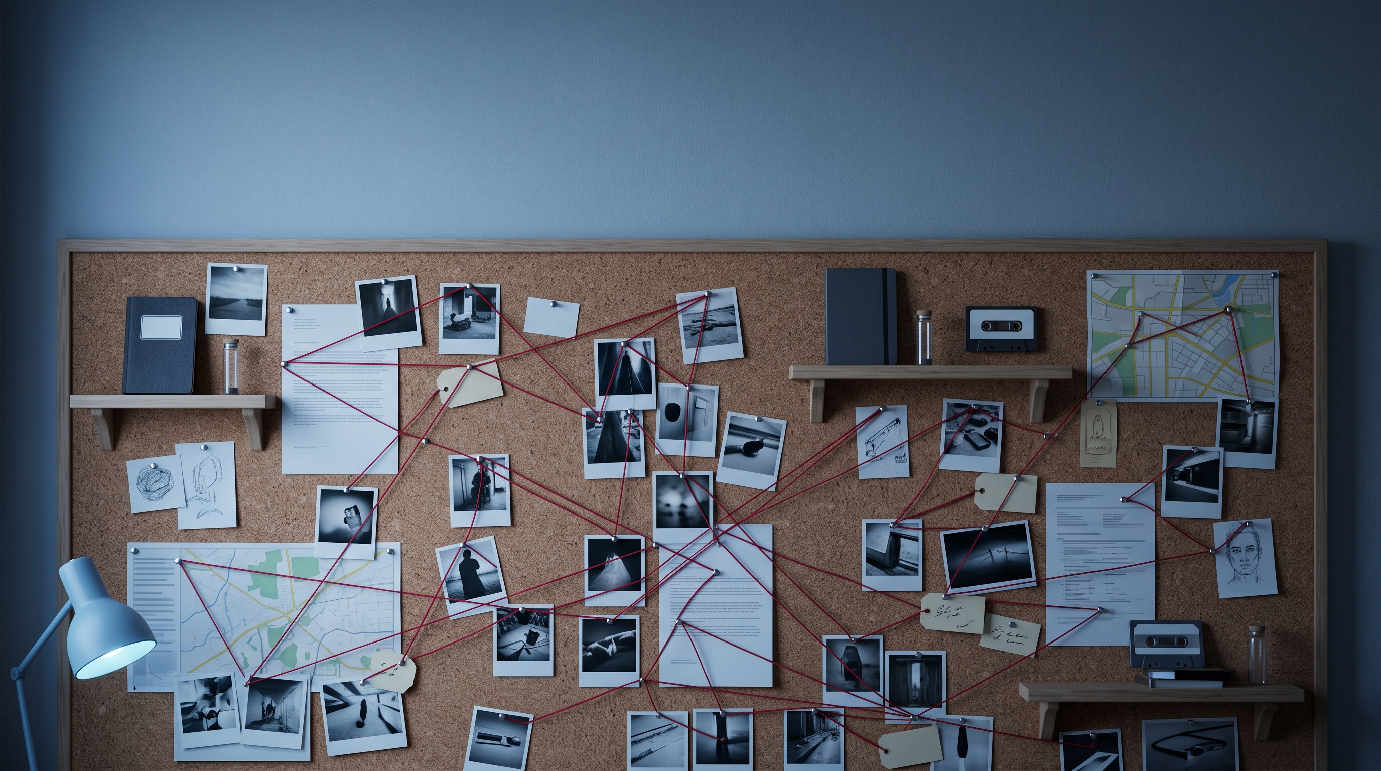 Soft 3d render of detective evidence board with photos and red strings, no readable writing, wide shot with open space at the top for text, cool blue tones, quiet atmosphere, 16:9 aspect ratio