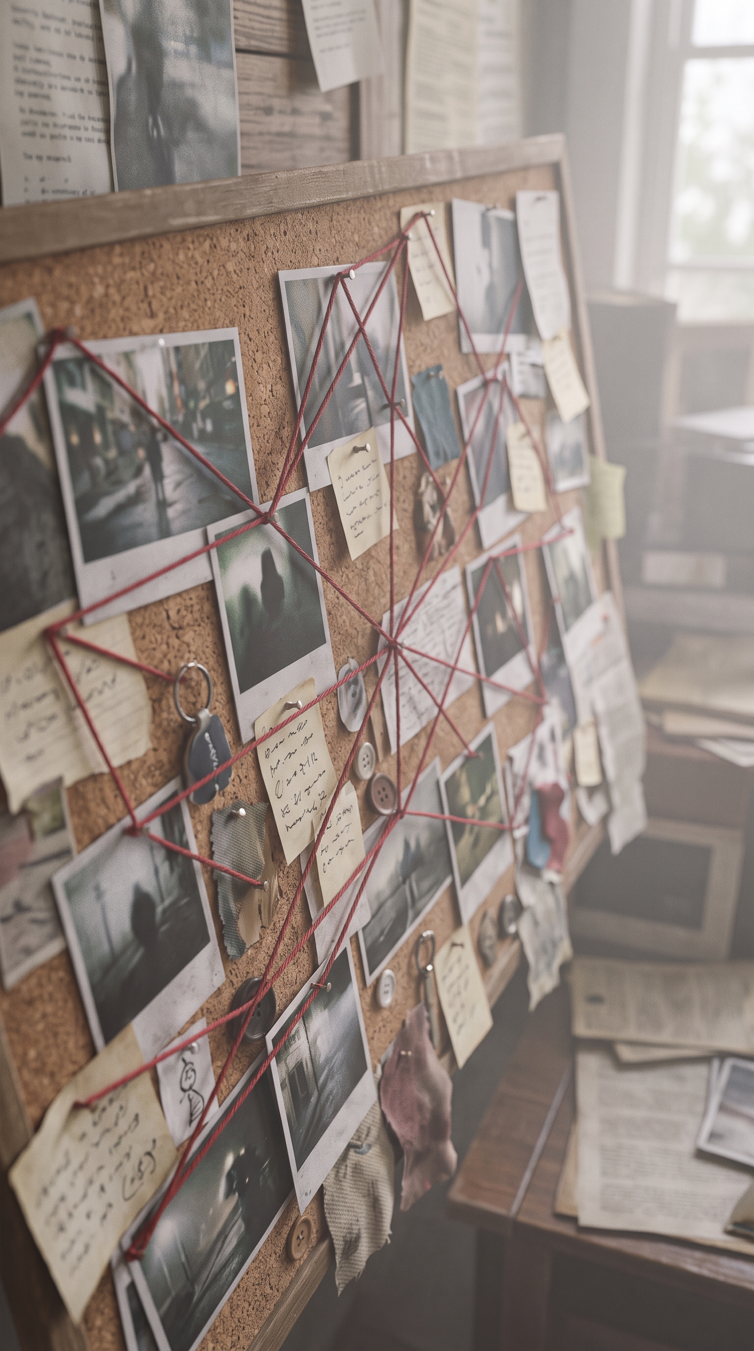 Soft 3d render of detective evidence board with photos and red strings, no readable writing, high-angle view from above, misty morning haze, dreamy, 9:16 aspect ratio
