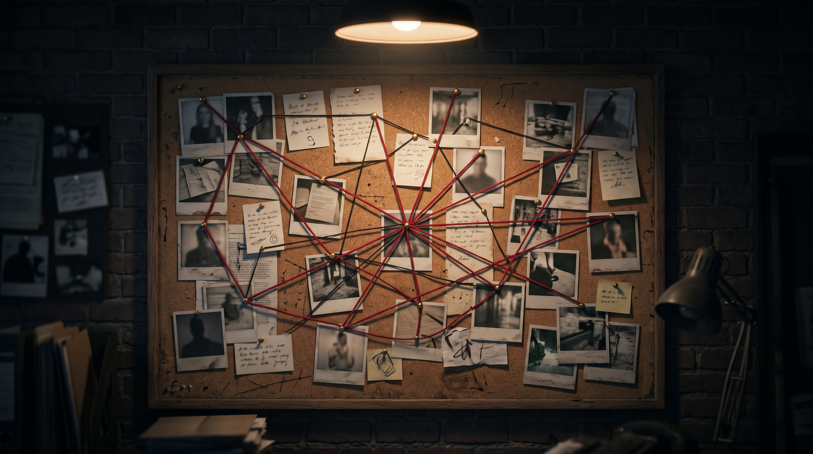 Soft 3d render of detective evidence board with photos and red strings, no readable writing, centered subject with a simple uncluttered composition, moody dark tones, dramatic lighting, 16:9 aspect ratio
