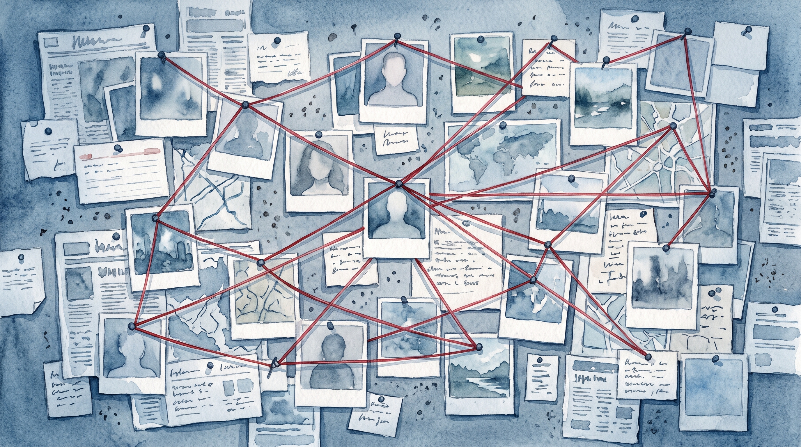 Watercolor illustration of detective evidence board with photos and red strings, no readable writing, high-angle view from above, cool blue tones, quiet atmosphere, 16:9 aspect ratio