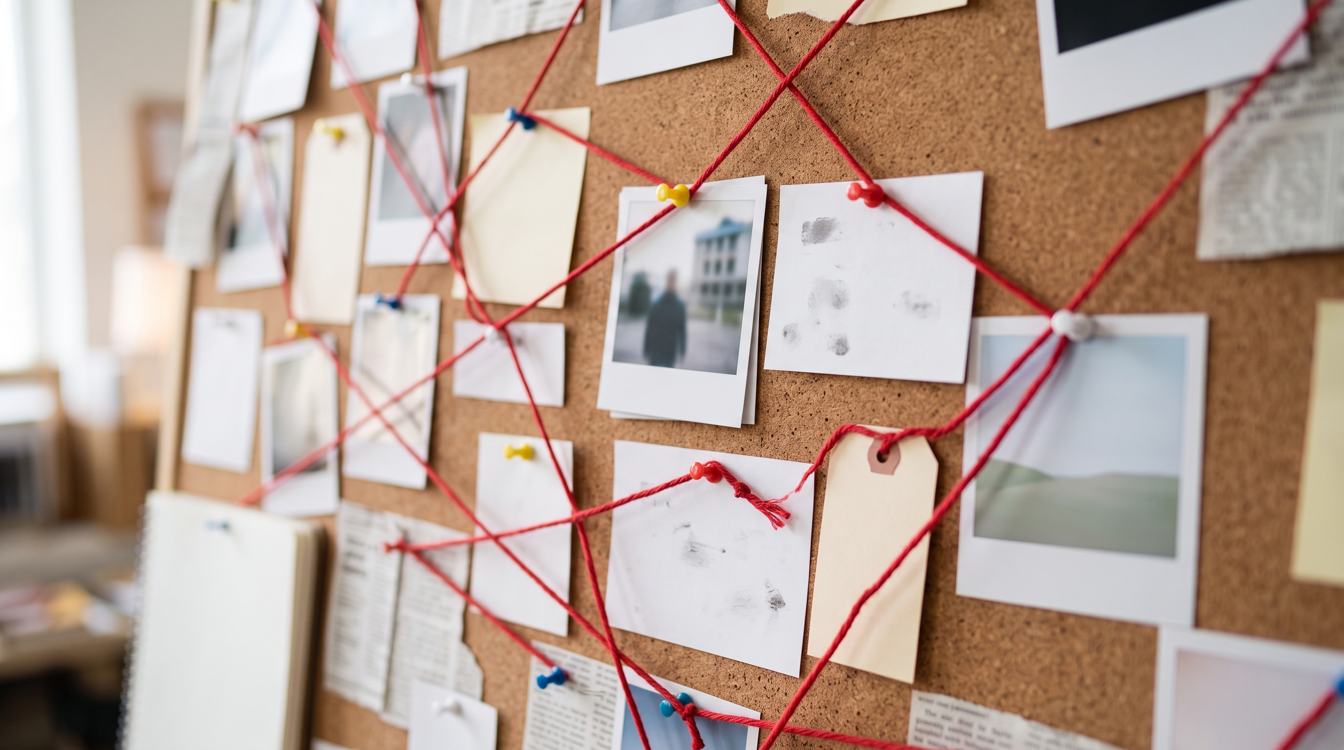 Photorealistic photo of detective evidence board with photos and red strings, no readable writing, close-up detail with shallow depth of field, soft pastel colors, bright and cozy, 16:9 aspect ratio