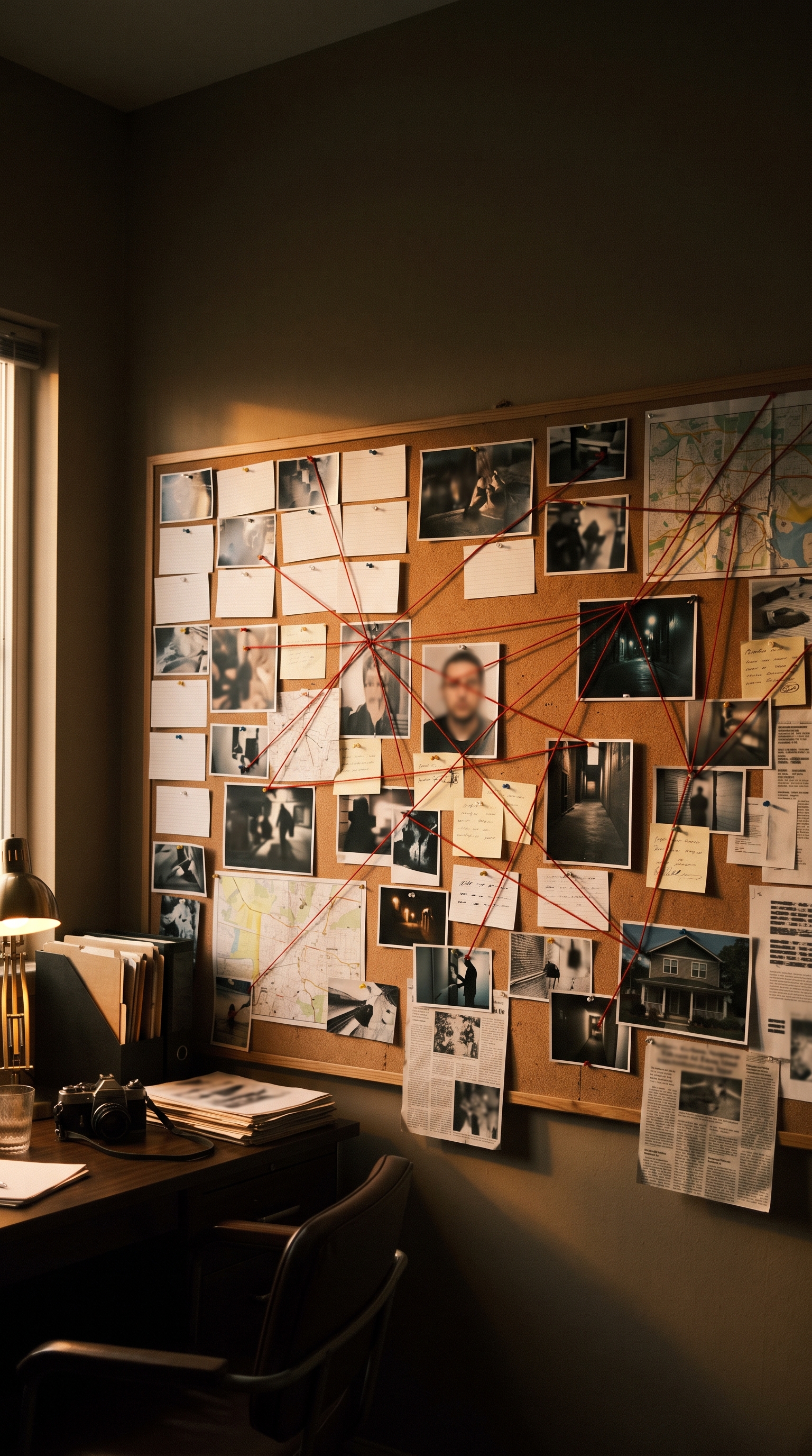 Cinematic film still of detective evidence board with photos and red strings, no readable writing, wide shot with open space at the top for text, warm golden light, calm mood, 9:16 aspect ratio