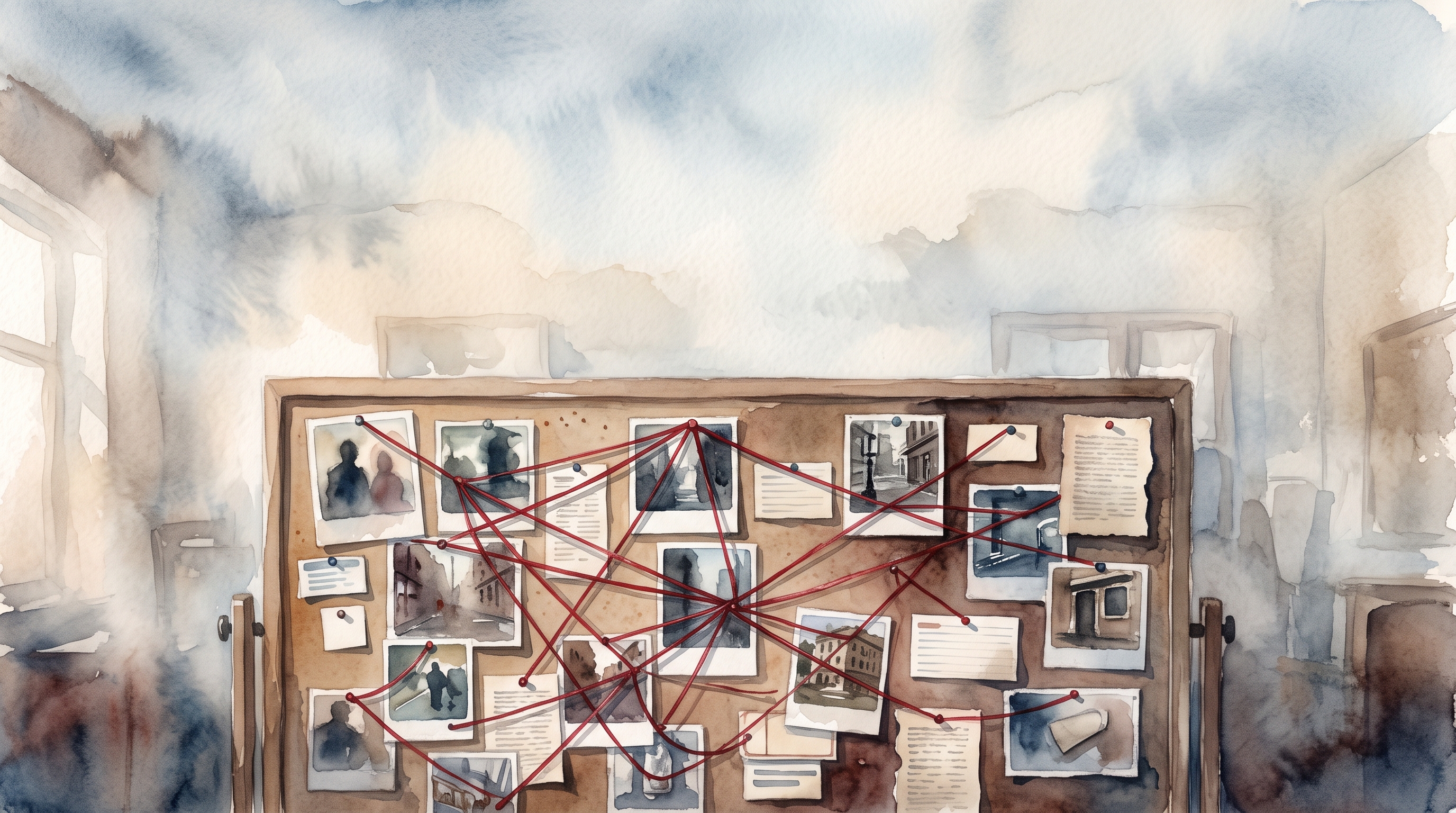 Watercolor illustration of detective evidence board with photos and red strings, no readable writing, wide shot with open space at the top for text, misty morning haze, dreamy, 16:9 aspect ratio