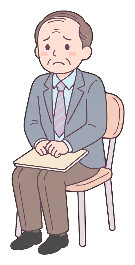 Simple cute flat cartoon illustration with soft pastel colors and thin clean dark outlines of a middle-aged man, job applicant sitting nervously in a chair holding a resume folder, transparent background PNG