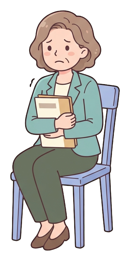 Simple cute flat cartoon illustration with soft pastel colors and thin clean dark outlines of a middle-aged woman, job applicant sitting nervously in a chair holding a resume folder, transparent background PNG