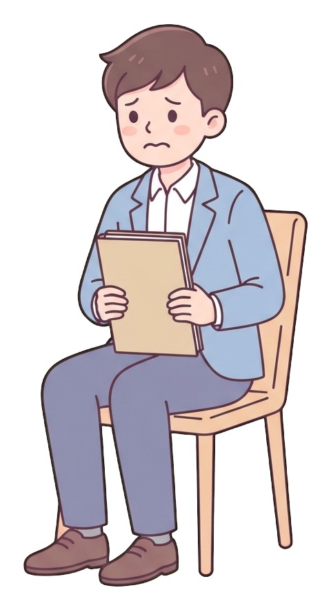 Simple cute flat cartoon illustration with soft pastel colors and thin clean dark outlines of a young man, job applicant sitting nervously in a chair holding a resume folder, transparent background PNG