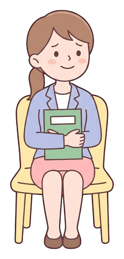 Simple cute flat cartoon illustration with soft pastel colors and thin clean dark outlines of a young woman, job applicant sitting nervously in a chair holding a resume folder, transparent background PNG
