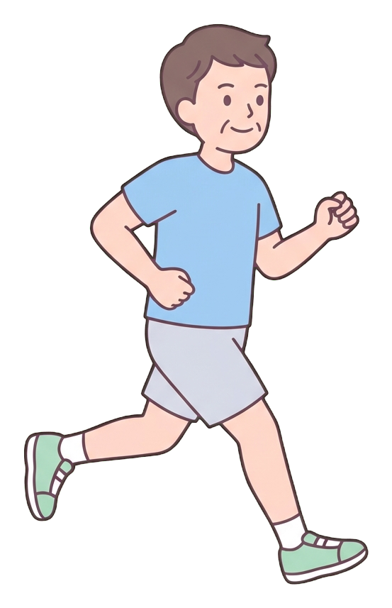 Simple cute flat cartoon illustration with soft pastel colors and thin clean dark outlines of a middle-aged man, person jogging in sportswear, transparent background PNG