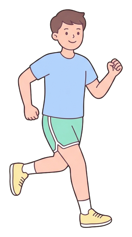 Ilustración de dibujos animados plana, simple y linda, con colores pastel suaves y contornos oscuros, limpios y finos, de un hombre joven trotando con ropa deportiva, fondo transparente PNG