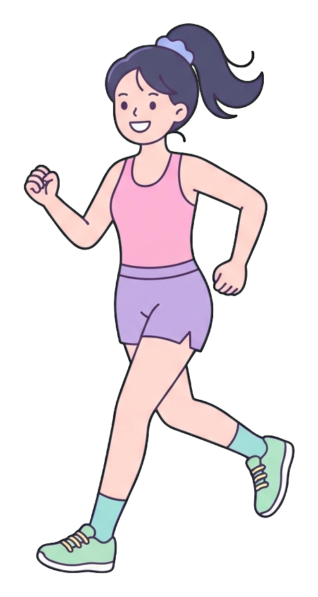 Simple cute flat cartoon illustration with soft pastel colors and thin clean dark outlines of a young woman, person jogging in sportswear, transparent background PNG