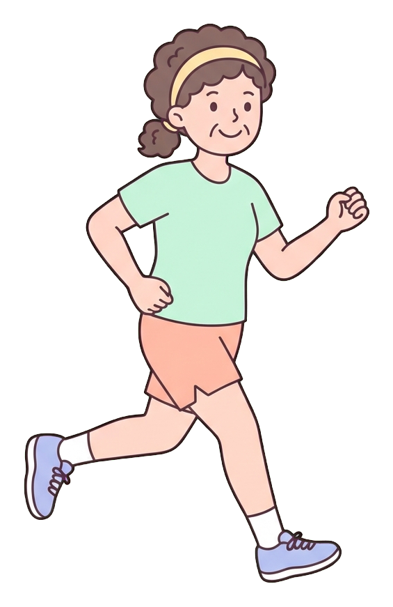 Simple cute flat cartoon illustration with soft pastel colors and thin clean dark outlines of a middle-aged woman, person jogging in sportswear, transparent background PNG