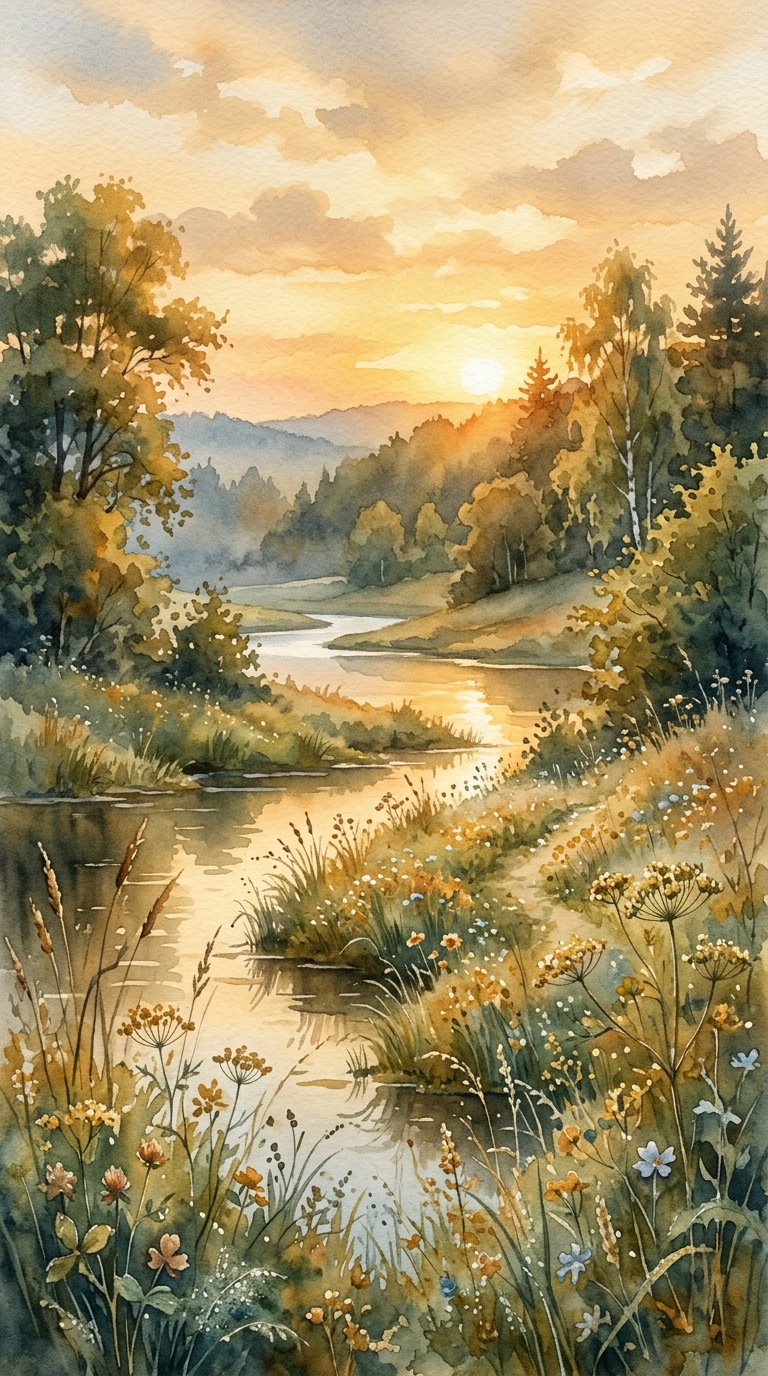 Watercolor illustration of beautiful natural landscape, close-up detail with shallow depth of field, warm golden light, calm mood, 9:16 aspect ratio