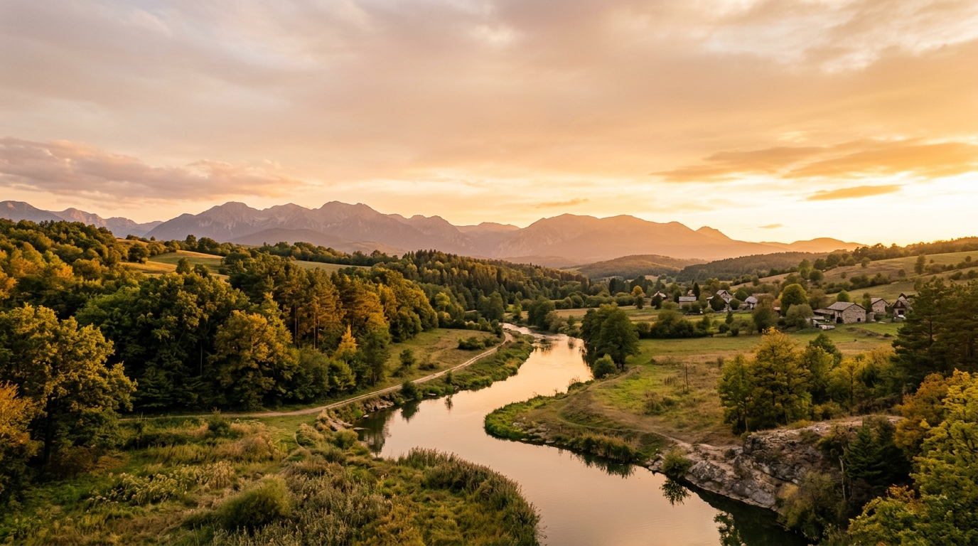 Photorealistic photo of beautiful natural landscape, wide shot with open space at the top for text, warm golden light, calm mood, 16:9 aspect ratio