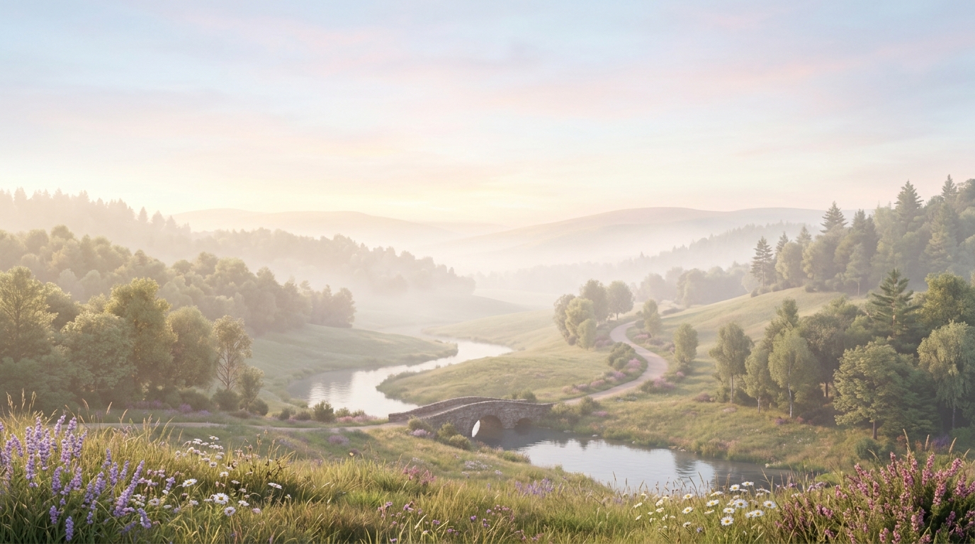 Soft 3d render of beautiful natural landscape, wide shot with open space at the top for text, misty morning haze, dreamy, 16:9 aspect ratio