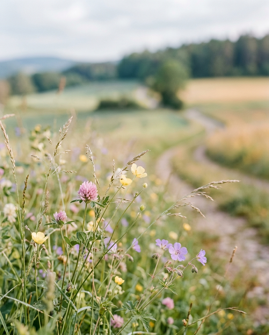 Cinematic film still of beautiful natural landscape, close-up detail with shallow depth of field, soft pastel colors, bright and cozy, 4:5 aspect ratio
