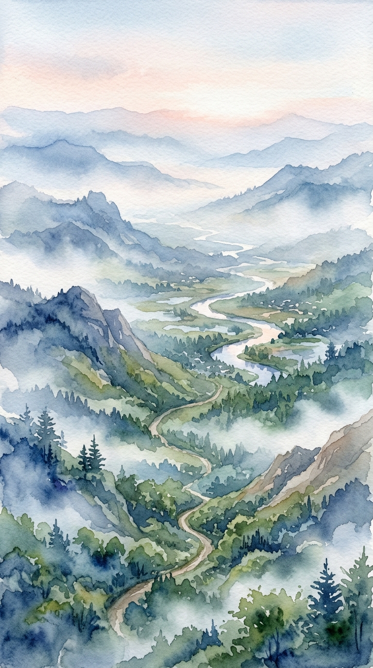 Watercolor illustration of beautiful natural landscape, high-angle view from above, misty morning haze, dreamy, 9:16 aspect ratio