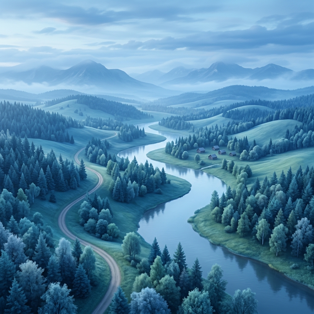 Soft 3d render of beautiful natural landscape, high-angle view from above, cool blue tones, quiet atmosphere, 1:1 aspect ratio