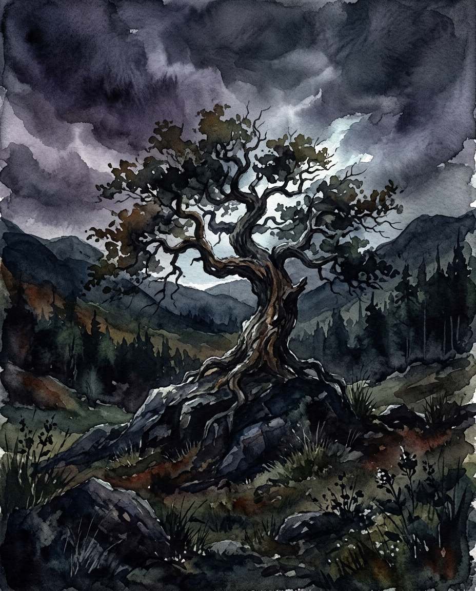 Watercolor illustration of beautiful natural landscape, centered subject with a simple uncluttered composition, moody dark tones, dramatic lighting, 4:5 aspect ratio