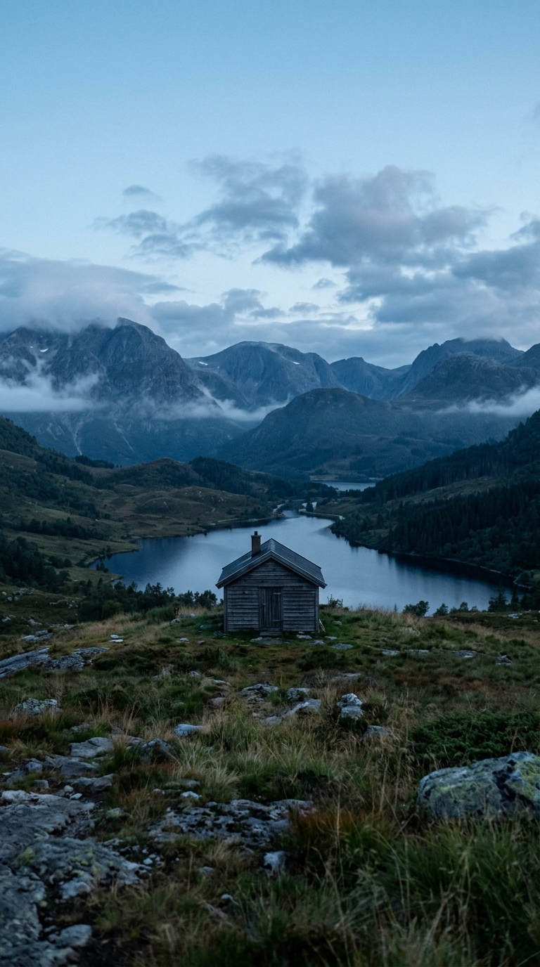 Cinematic film still of beautiful natural landscape, centered subject with a simple uncluttered composition, cool blue tones, quiet atmosphere, 9:16 aspect ratio