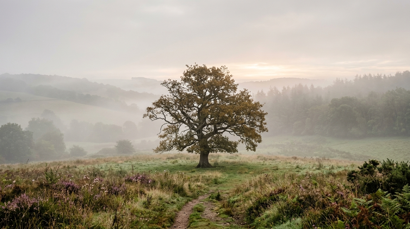 Photorealistic photo of beautiful natural landscape, centered subject with a simple uncluttered composition, misty morning haze, dreamy, 16:9 aspect ratio