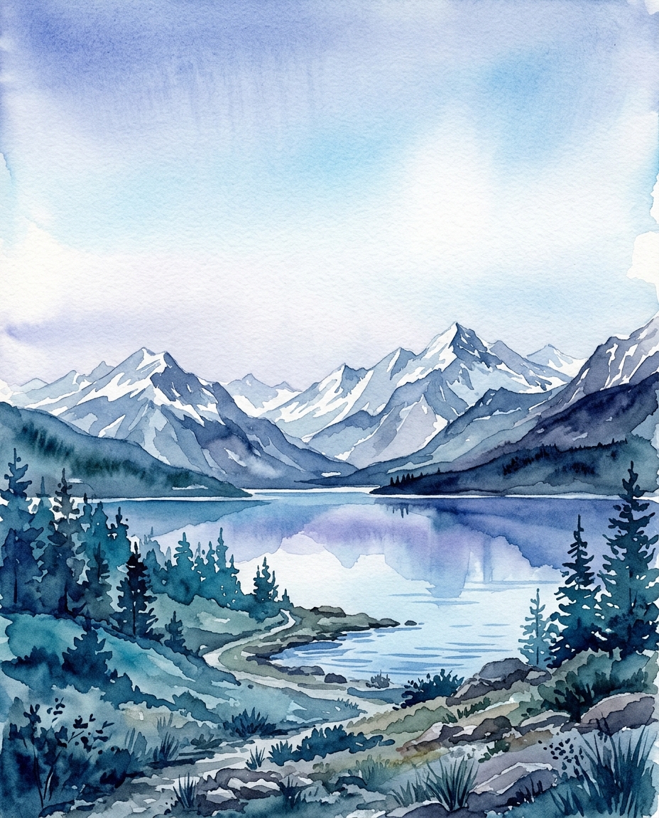 Watercolor illustration of beautiful natural landscape, wide shot with open space at the top for text, cool blue tones, quiet atmosphere, 4:5 aspect ratio
