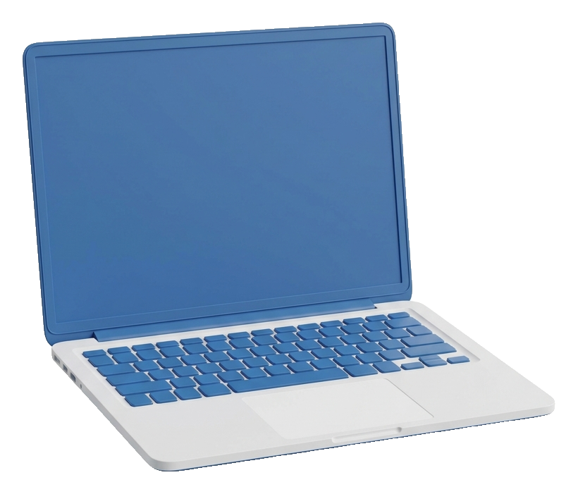 Matte 3D render, blue and white color scheme of an open laptop computer with a blank screen, transparent background PNG