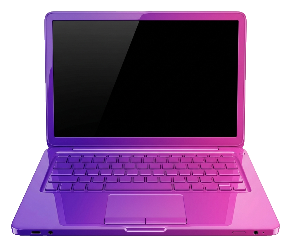 Glossy 3D render, purple and pink gradient of an open laptop computer with a blank screen, transparent background PNG