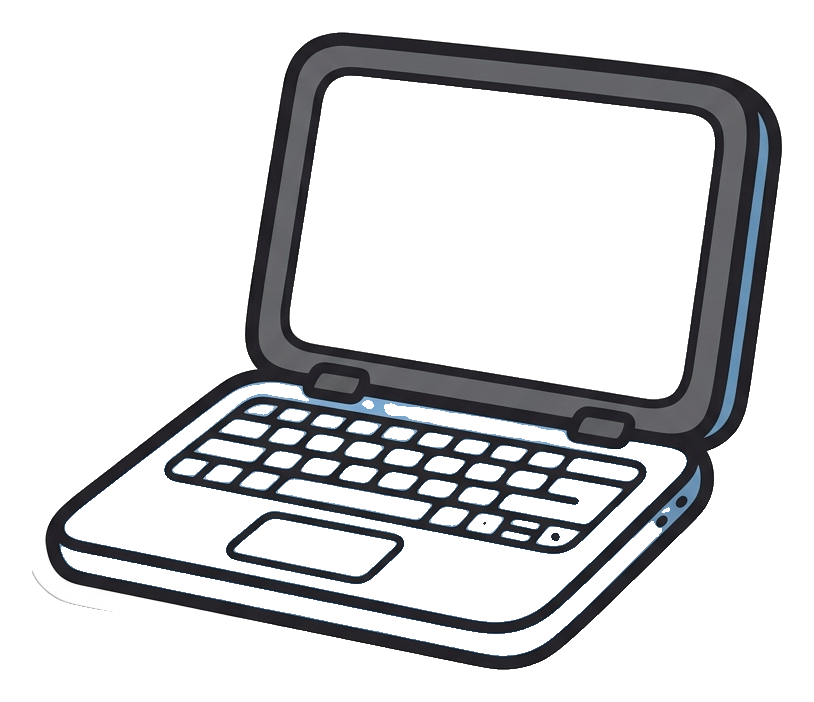 Cute sticker style with a thick dark outline of an open laptop computer with a blank screen, transparent background PNG