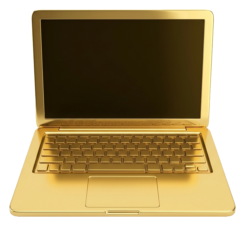 Shiny 3D render, gold metallic finish of an open laptop computer with a blank screen, transparent background PNG