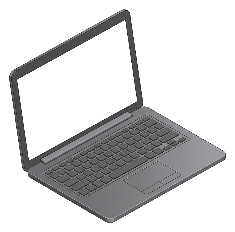 Isometric illustration of an open laptop computer with a blank screen, transparent background PNG