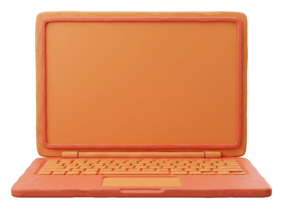 Clay 3D render, warm orange and coral tones of an open laptop computer with a blank screen, transparent background PNG