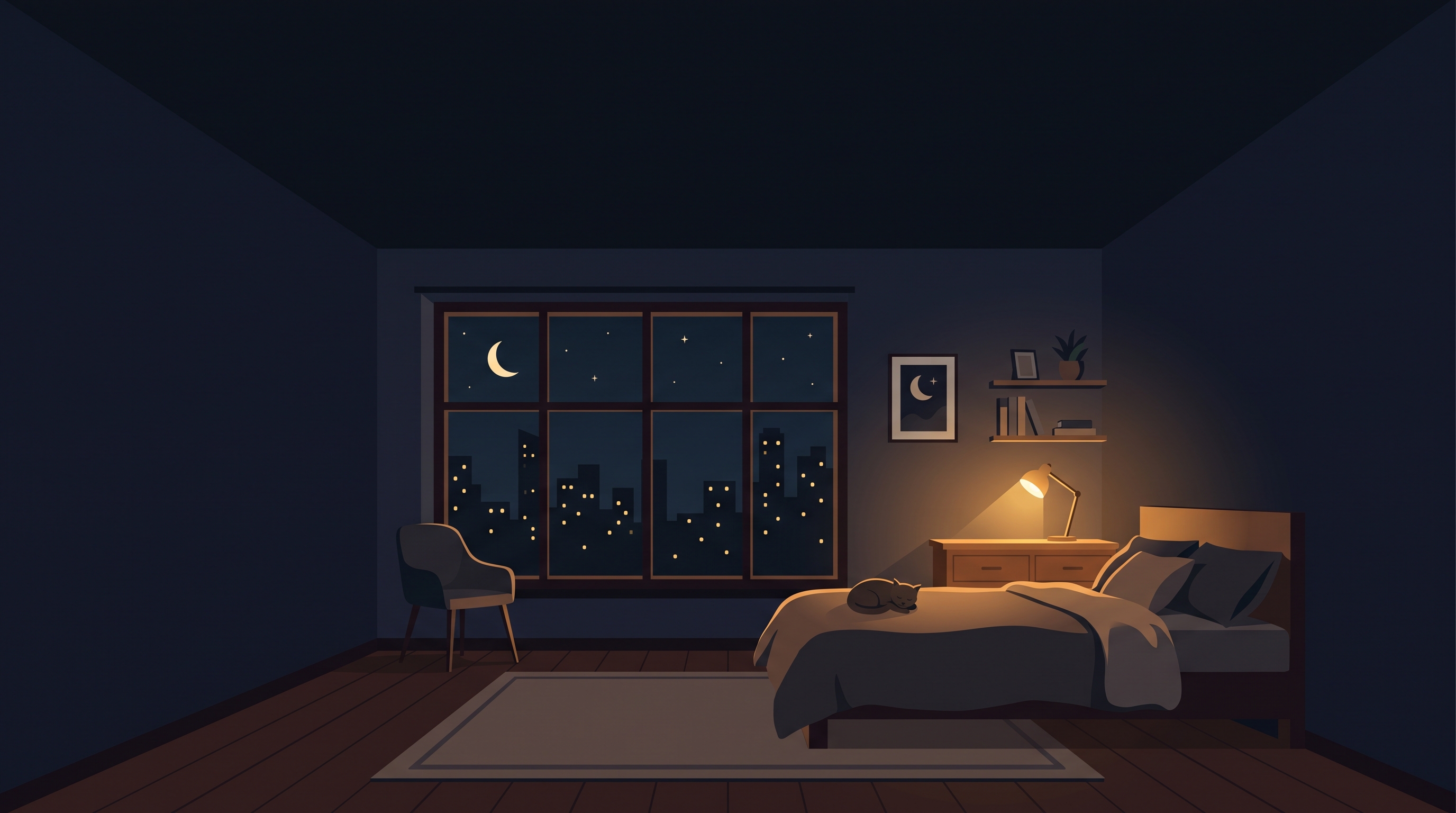 Minimal flat illustration of cozy bedroom at midnight with a desk lamp and a city view window, wide shot with open space at the top for text, warm golden light, calm mood, 16:9 aspect ratio