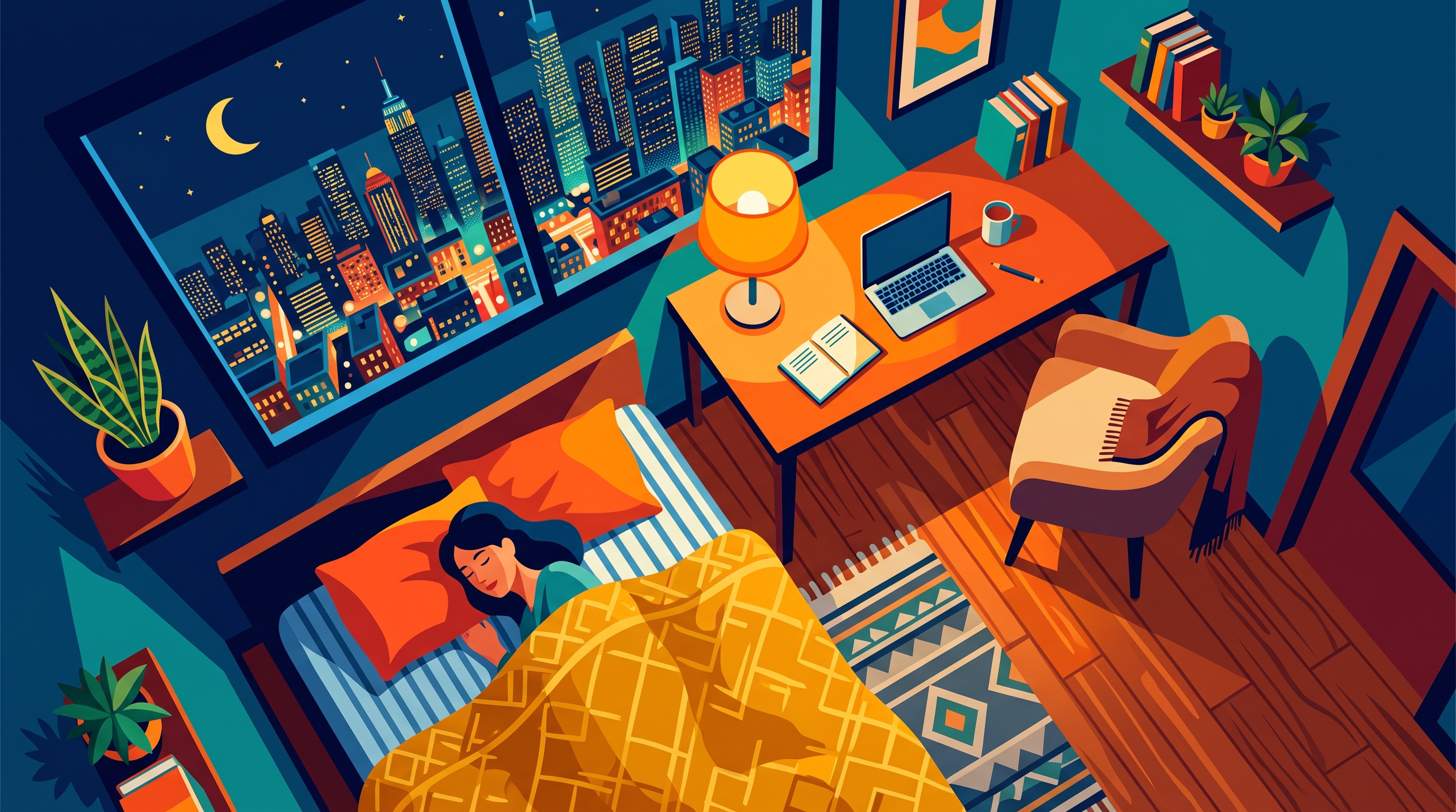 Minimal flat illustration of cozy bedroom at midnight with a desk lamp and a city view window, high-angle view from above, vivid colors, high contrast, energetic, 16:9 aspect ratio