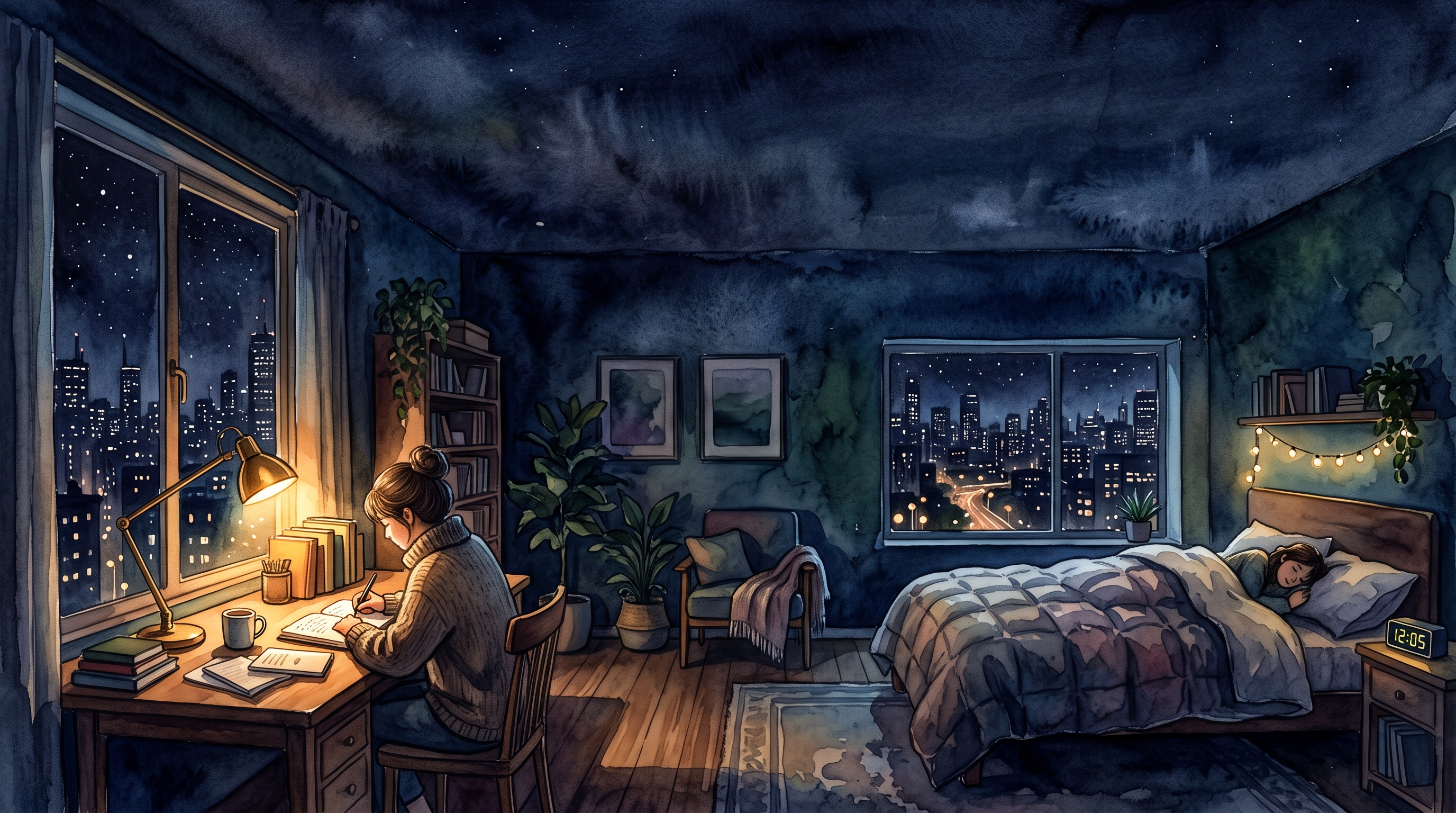 Watercolor illustration of cozy bedroom at midnight with a desk lamp and a city view window, wide shot with open space at the top for text, moody dark tones, dramatic lighting, 16:9 aspect ratio