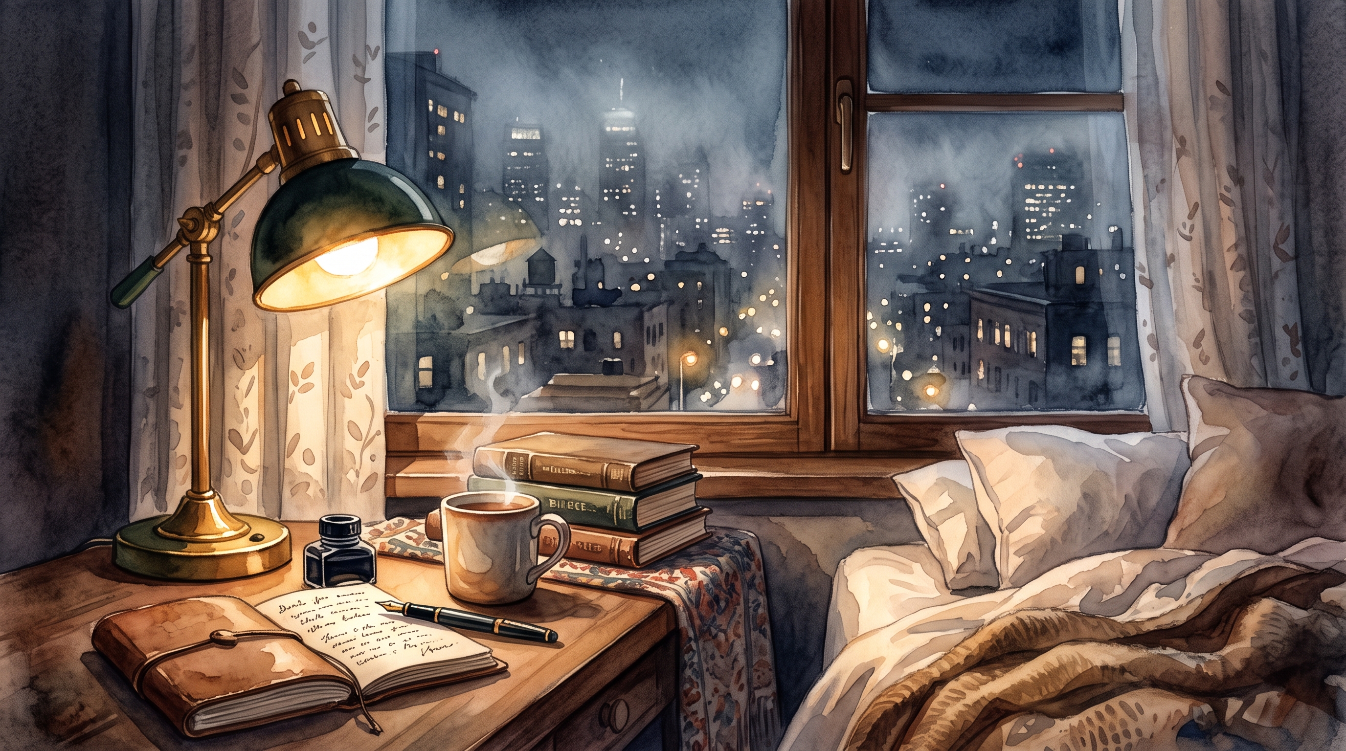 Watercolor illustration of cozy bedroom at midnight with a desk lamp and a city view window, close-up detail with shallow depth of field, misty morning haze, dreamy, 16:9 aspect ratio