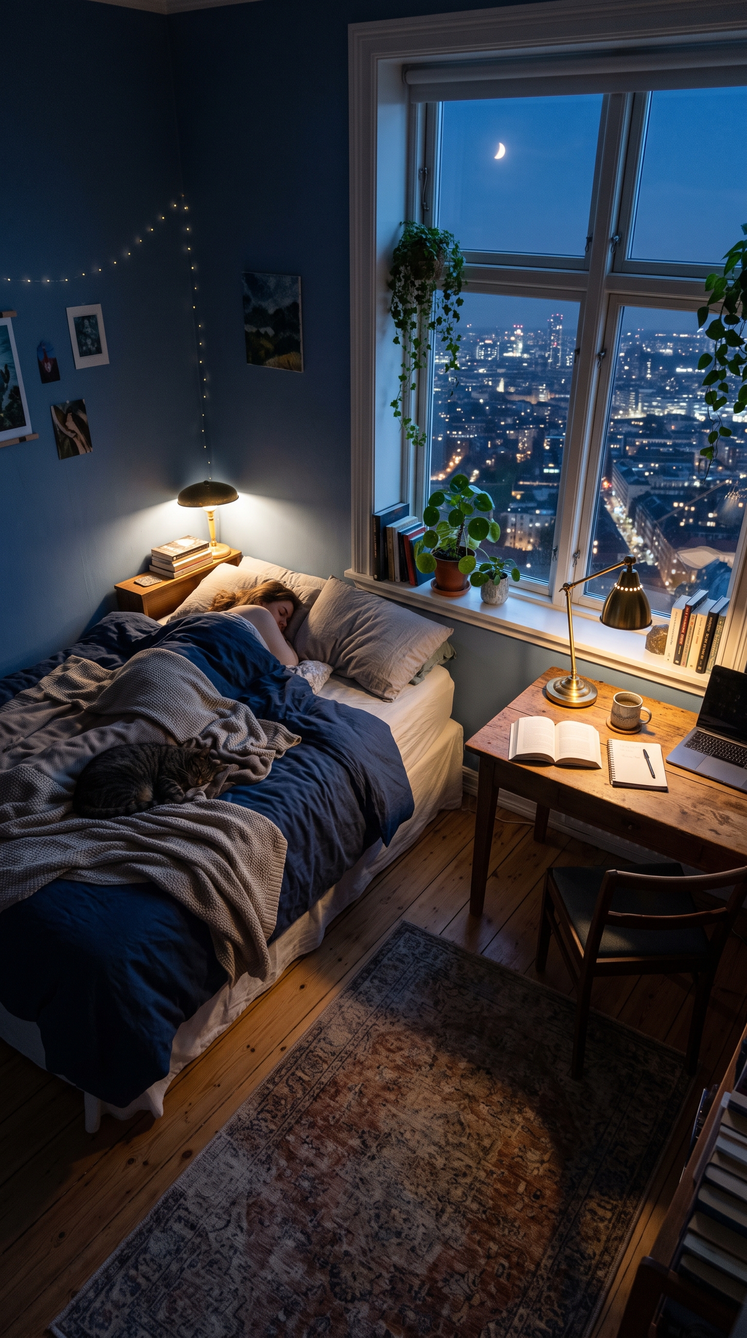 Photorealistic photo of cozy bedroom at midnight with a desk lamp and a city view window, high-angle view from above, cool blue tones, quiet atmosphere, 9:16 aspect ratio