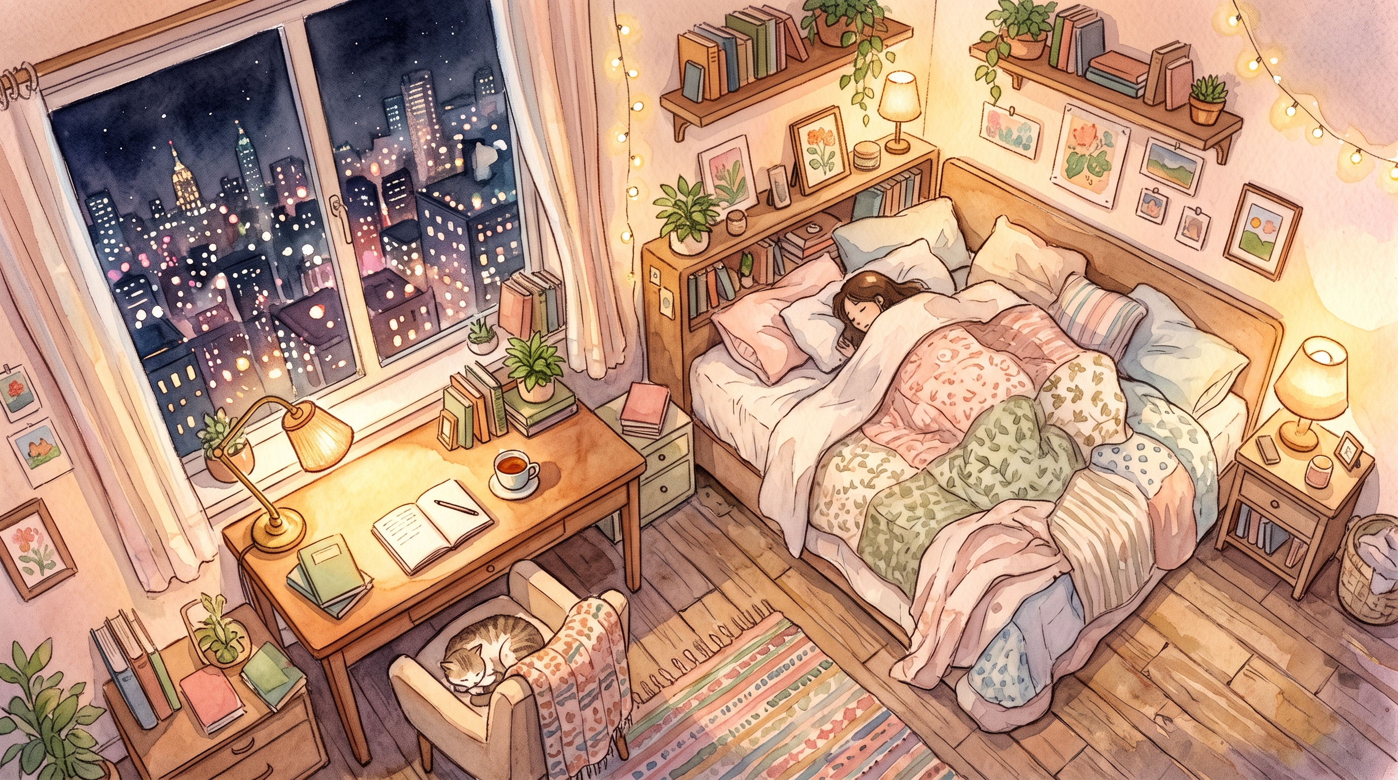 Watercolor illustration of cozy bedroom at midnight with a desk lamp and a city view window, high-angle view from above, soft pastel colors, bright and cozy, 16:9 aspect ratio