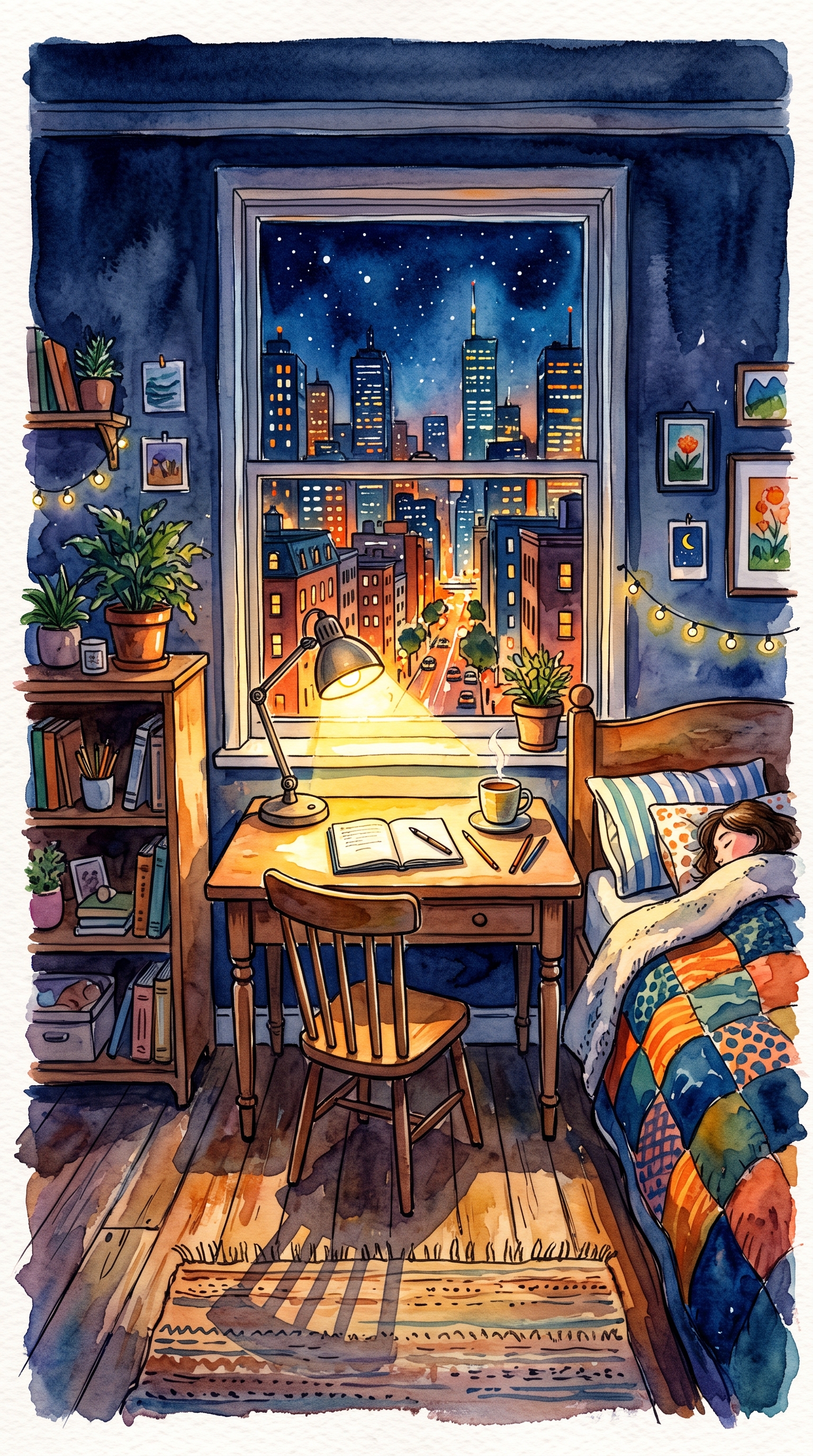 Watercolor illustration of cozy bedroom at midnight with a desk lamp and a city view window, centered subject with a simple uncluttered composition, vivid colors, high contrast, energetic, 9:16 aspect ratio