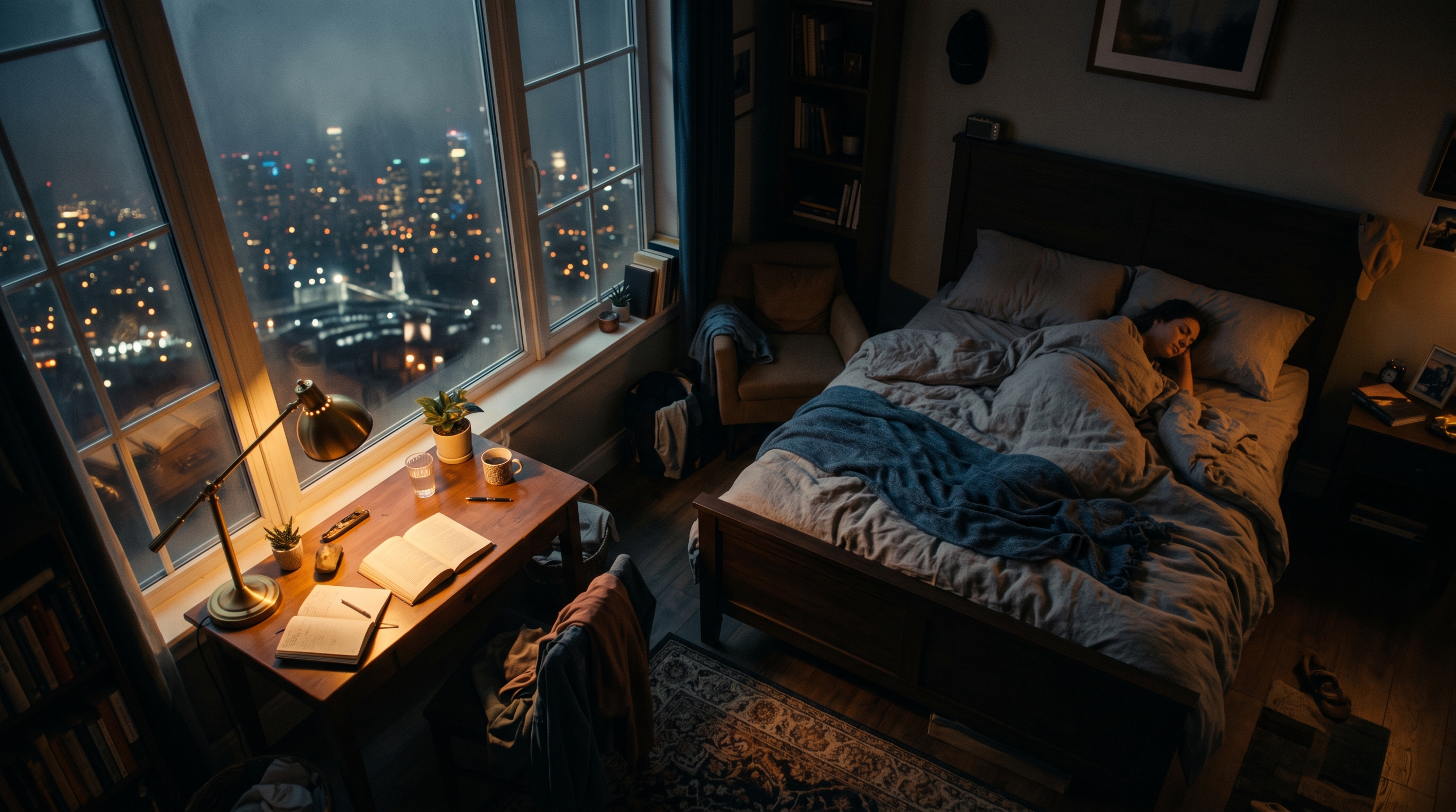 Cinematic film still of cozy bedroom at midnight with a desk lamp and a city view window, high-angle view from above, misty morning haze, dreamy, 16:9 aspect ratio