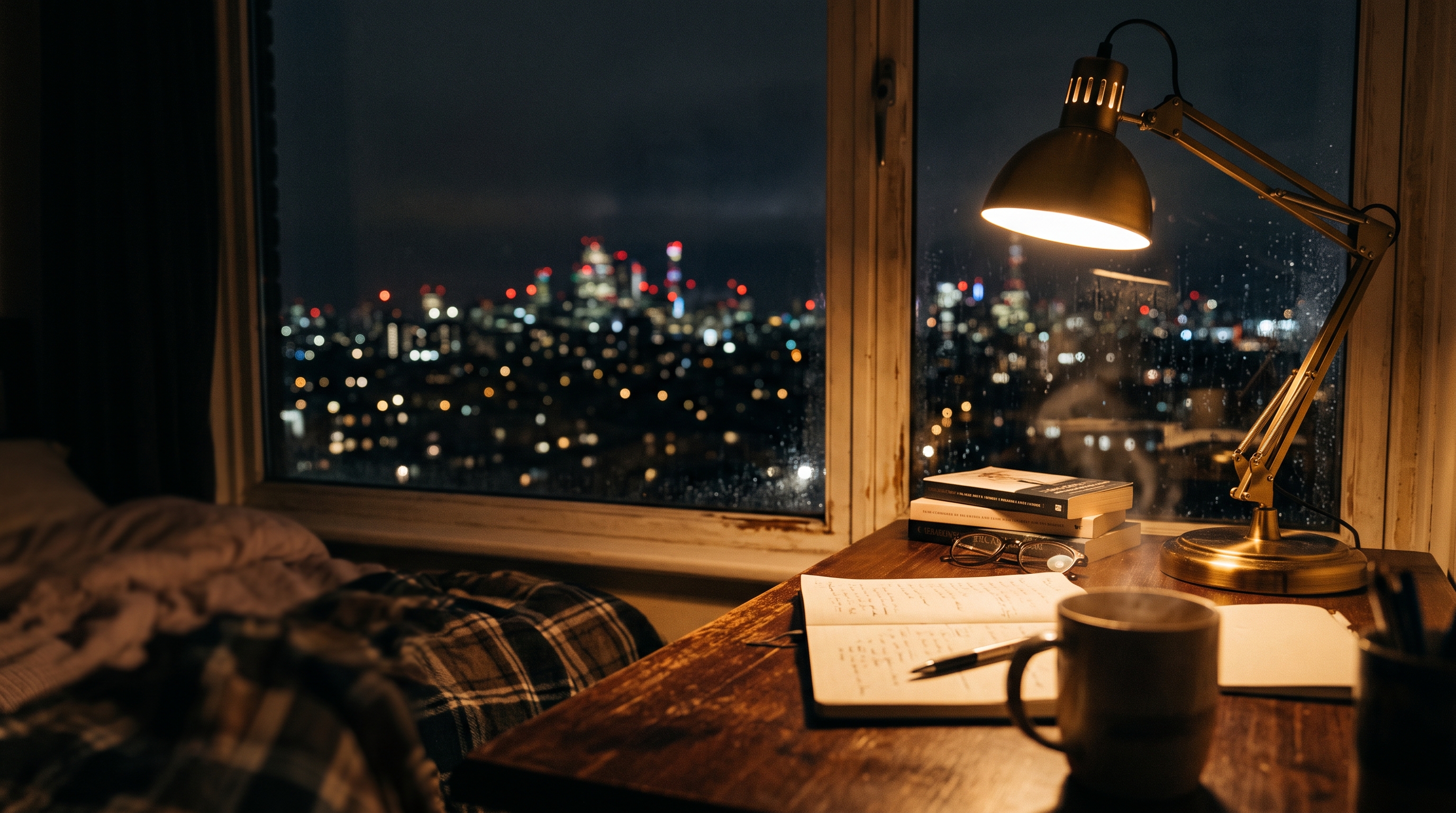 Cinematic film still of cozy bedroom at midnight with a desk lamp and a city view window, close-up detail with shallow depth of field, warm golden light, calm mood, 16:9 aspect ratio