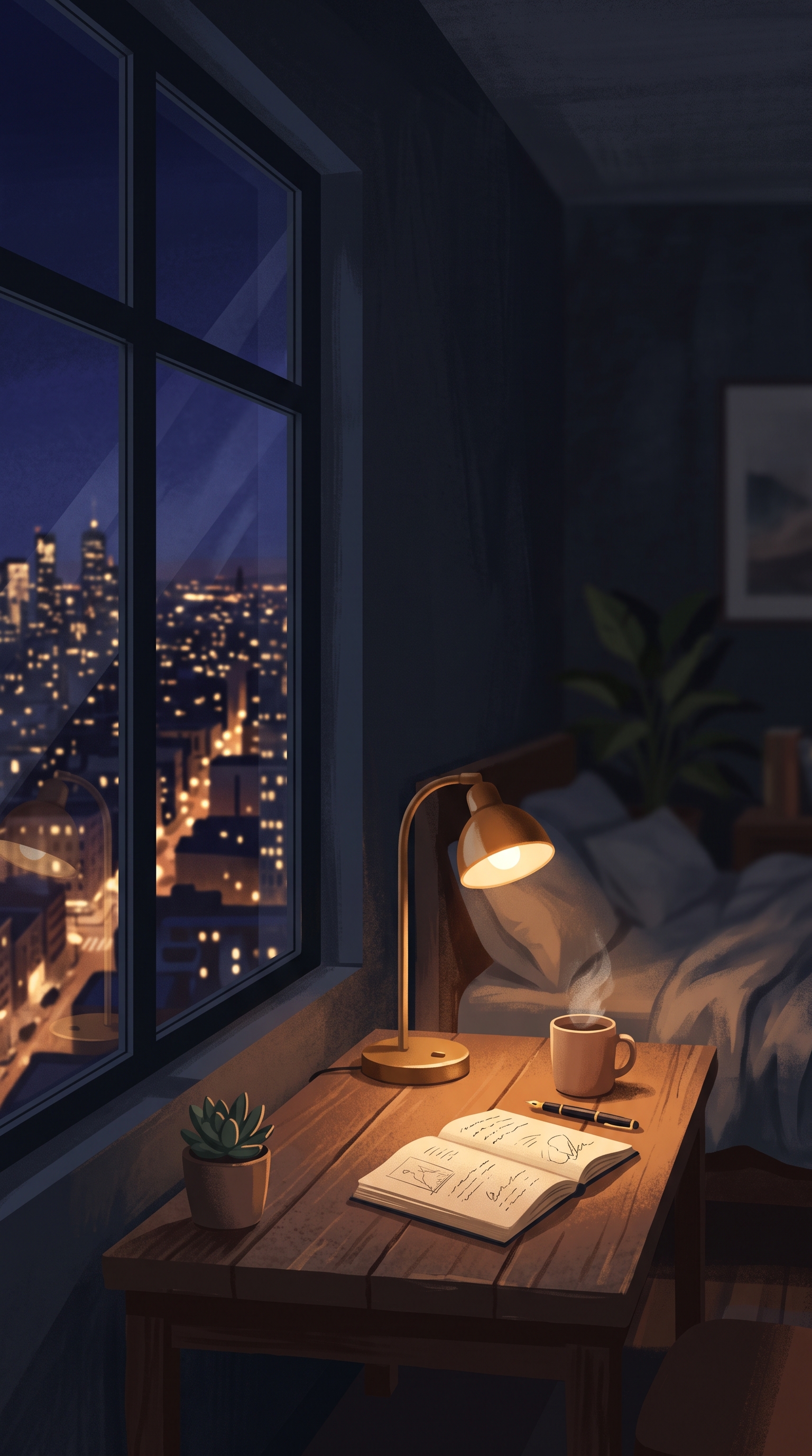 Minimal flat illustration of cozy bedroom at midnight with a desk lamp and a city view window, close-up detail with shallow depth of field, moody dark tones, dramatic lighting, 9:16 aspect ratio