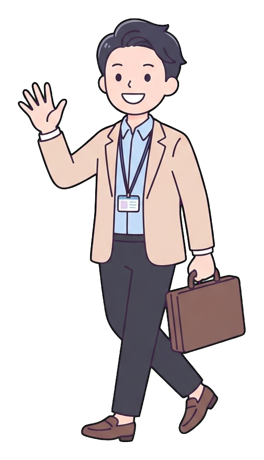 Simple cute flat cartoon illustration with soft pastel colors and thin clean dark outlines of a young man, happy office worker leaving work and waving goodbye, transparent background PNG