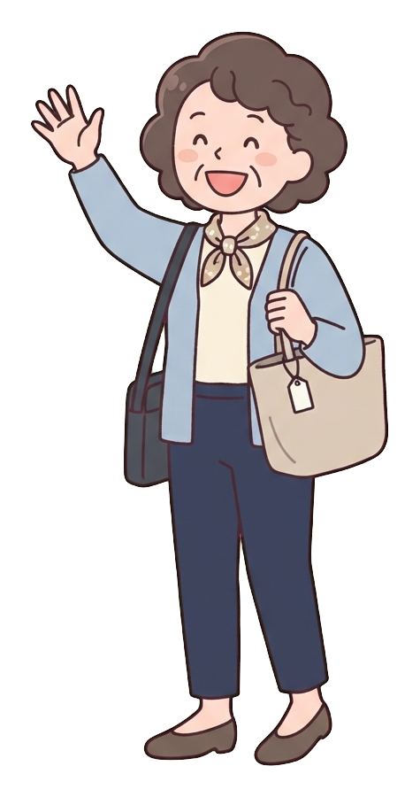 Simple cute flat cartoon illustration with soft pastel colors and thin clean dark outlines of a middle-aged woman, happy office worker leaving work and waving goodbye, transparent background PNG