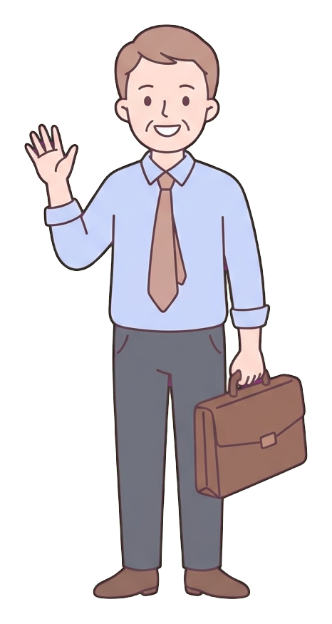Simple cute flat cartoon illustration with soft pastel colors and thin clean dark outlines of a middle-aged man, happy office worker leaving work and waving goodbye, transparent background PNG