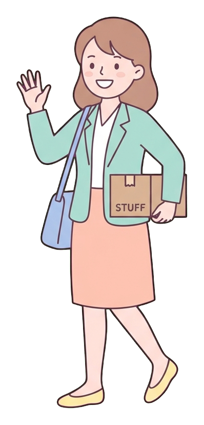 Simple cute flat cartoon illustration with soft pastel colors and thin clean dark outlines of a young woman, happy office worker leaving work and waving goodbye, transparent background PNG