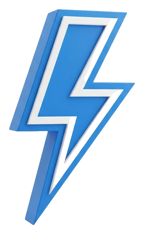 Matte 3D render, blue and white color scheme of a lightning bolt icon, transparent background PNG