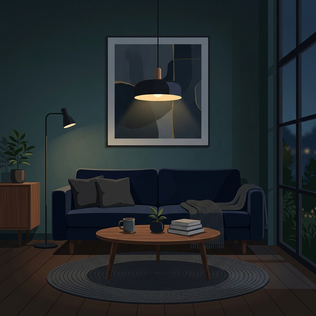 Minimal flat illustration of a cozy modern living room, centered subject with a simple uncluttered composition, moody dark tones, dramatic lighting, 1:1 aspect ratio