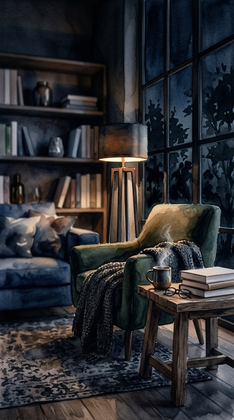 Watercolor illustration of a cozy modern living room, close-up detail with shallow depth of field, moody dark tones, dramatic lighting, 9:16 aspect ratio