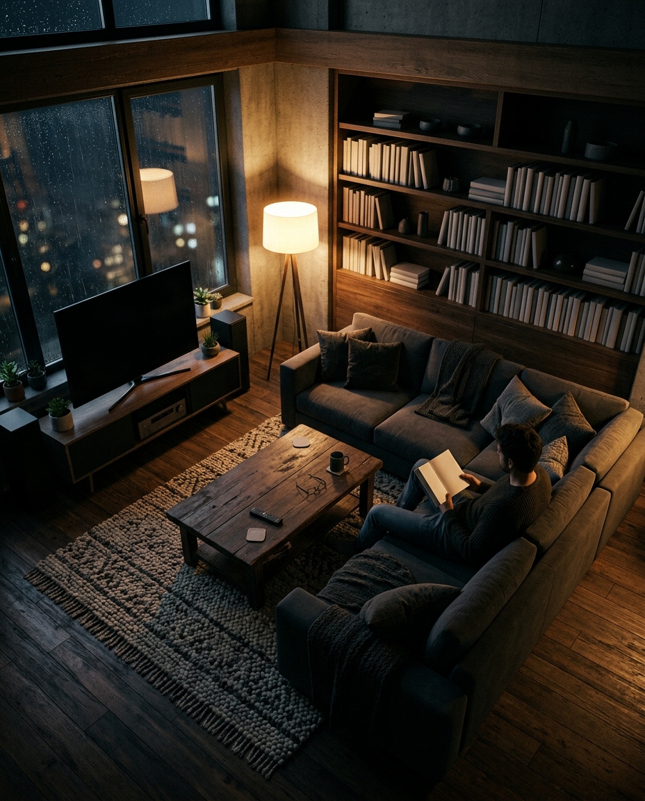 Cinematic film still of a cozy modern living room, high-angle view from above, moody dark tones, dramatic lighting, 4:5 aspect ratio